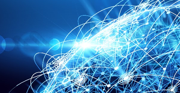 a part of a big blue sphere in the bottom right side of the image made of electricity and light and digital connections showing that high speed internet can quickly connect people everywhere