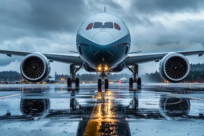 A Boeing 747 on a Rainy Runway