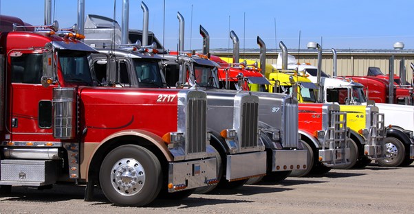 trucks lined up in a parking lot