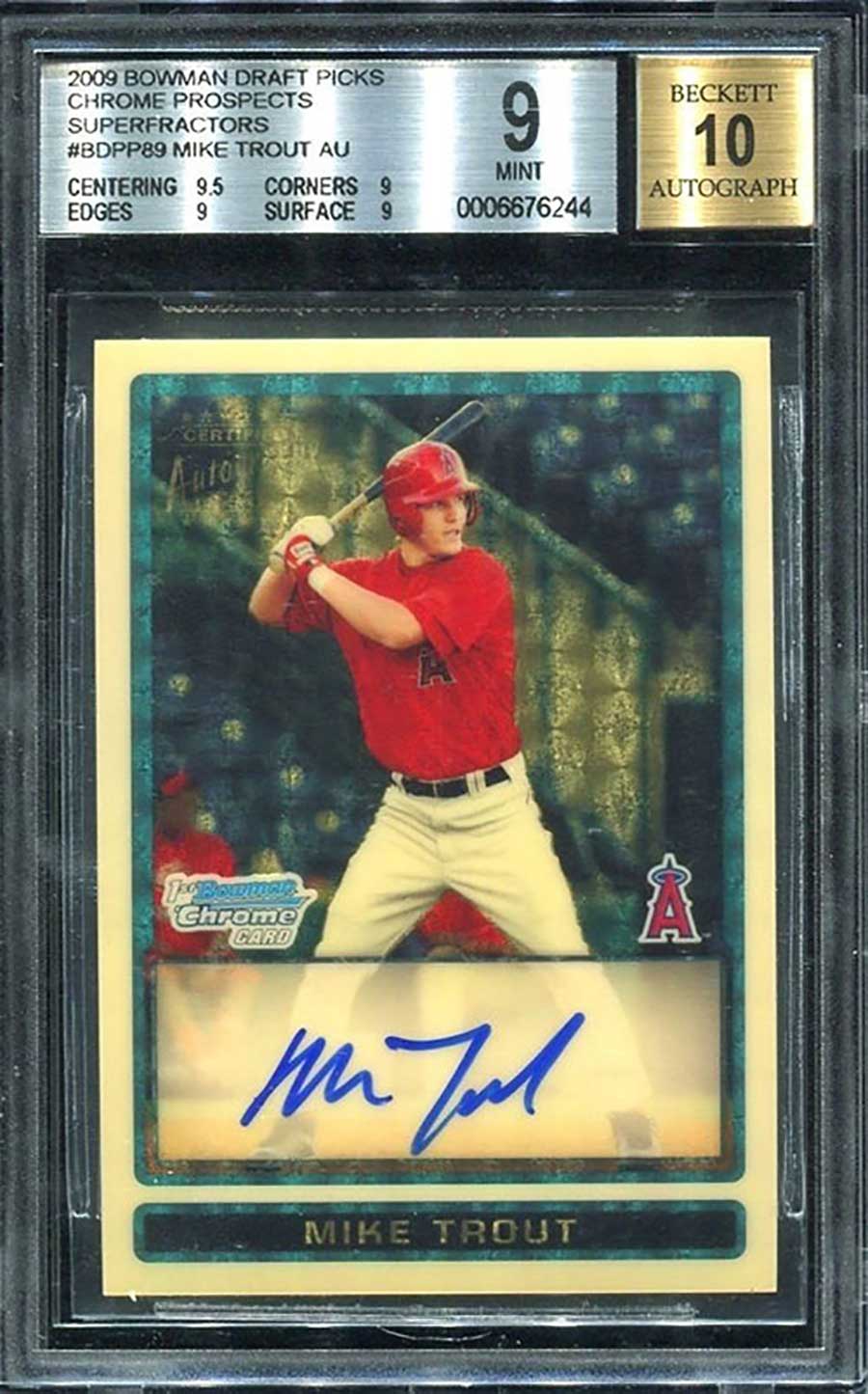 Mike Trout (Bowman Draft Picks Chrome Prospects Superfractor Baseball Card Autographed 2009)
