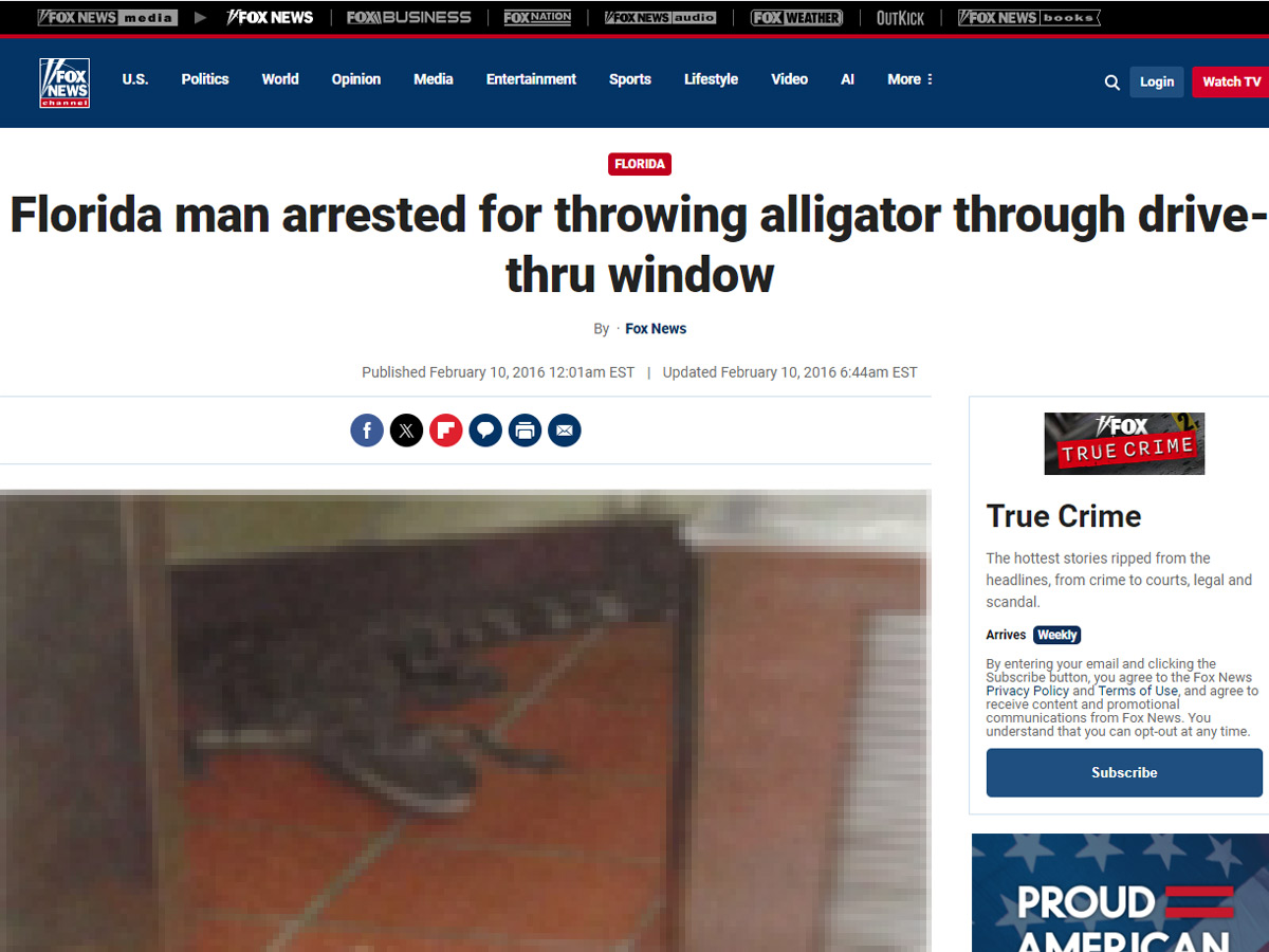 Florida Man Arrested For Throwing Alligator Through Drive-Thru Window