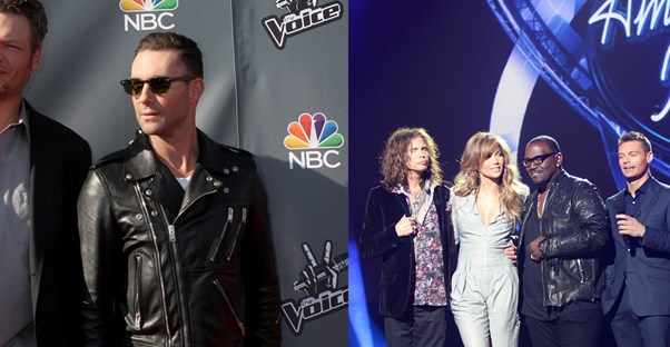 An image American Idol contestants next to an image of Voice Judges