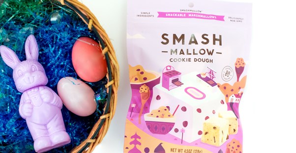 an easter basket with eggs and a smash mallow bag