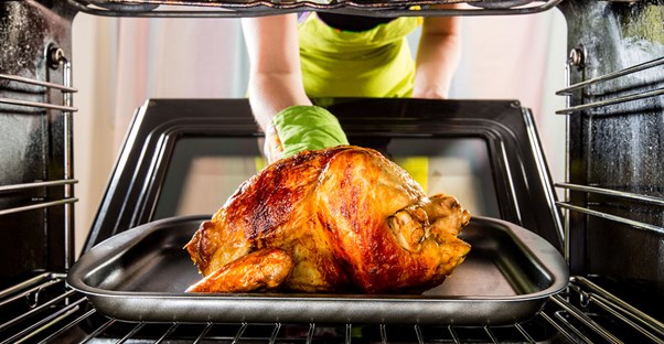 Woman cooking a turkey and staying stress free.