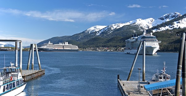 Alaskan cruise ships meander into an Alaskan port