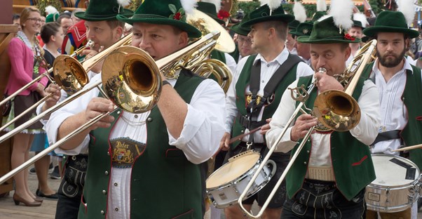 A band performs traditional German music during an Oktoberfest celebration.