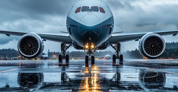 A Boeing 747 on a Rainy Runway