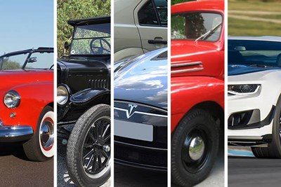 a collage of five classic american cars