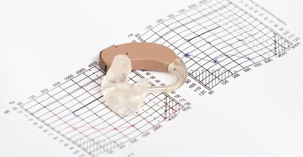 A hearing aid lies on a math problem