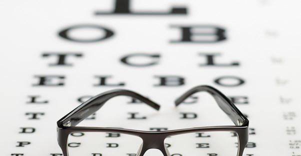 glasses laid on an eye chart