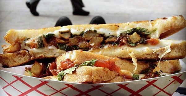A close up picture of a seafood sandwich melt from a Boston food truck.