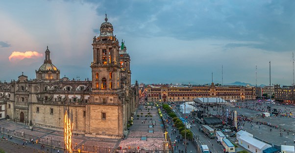 The Metropolitan Cathedral sits at the edge of the Zocalo public square in Mexico City.