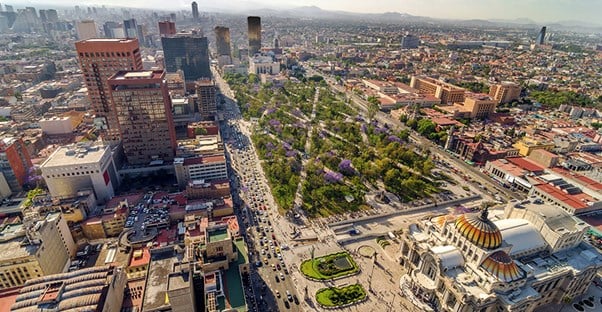 An overhead view of Alameda Central, a municipal park next to The Palace of Fine Arts in the Mexico City neighborhood of Roma.