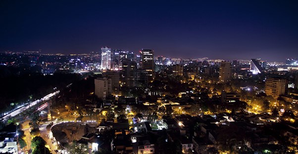A landscape view of the Polanco skyline during night in Mexico City.