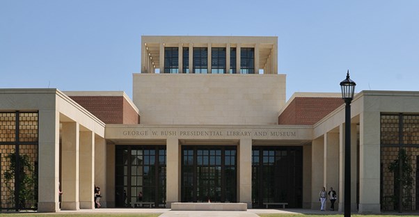The front entrance to the George W. Bush Presidential Library and Museum in Dallas, Texas.