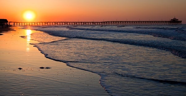 an ocean beachfront with a pier during a sunset