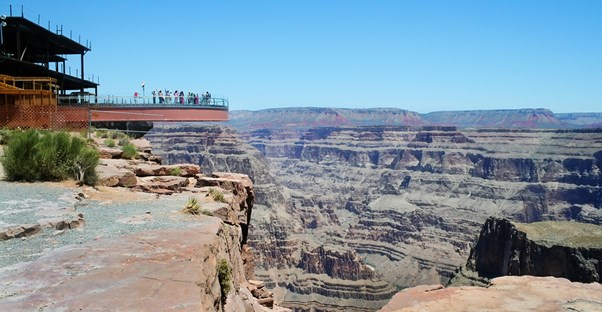 the Skywalk at Grand Canyon West juts out over the edge of the Grand Canyon