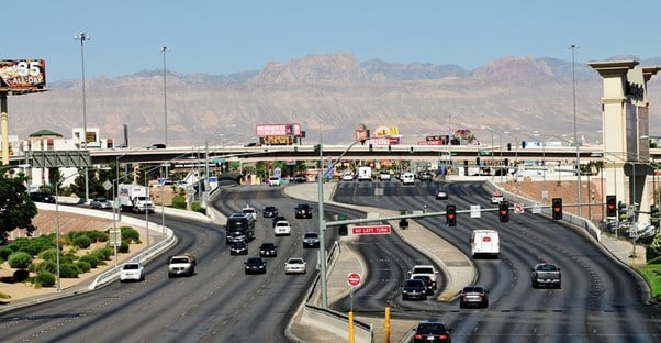 a Las Vegas highway leading out of town towards the Grand Canyon