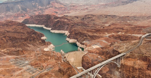a bird's eye view of the hoover dam from a helicopter