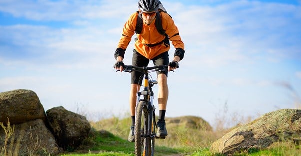 a mountain biker crests a hill