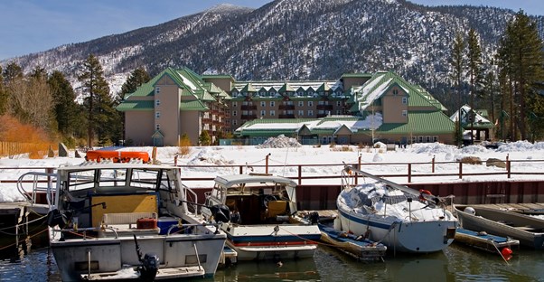 a lake tahoe resort is covered in snow
