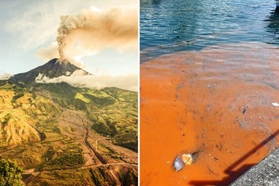 erupting volcano and red tide