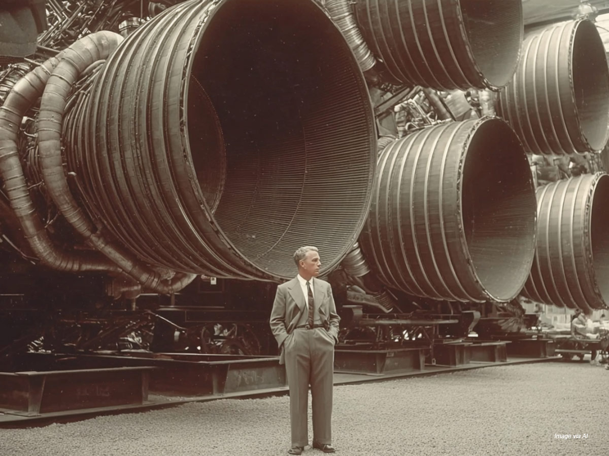 Wernher von Braun With F-1 Engines, 1969