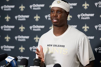 Travis Etienne Jr at a New Orleans Saints press conference.