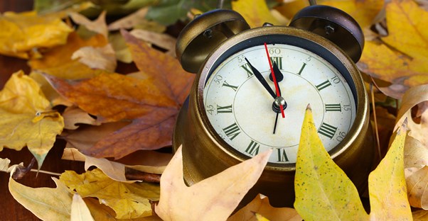 A clock laying in leaves to symbolize Fall Back Hour