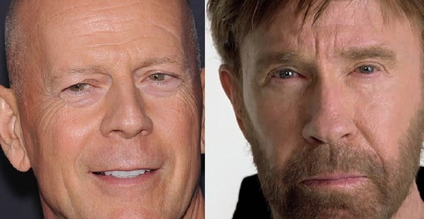 Side by side images of chuck norris and bruce willis