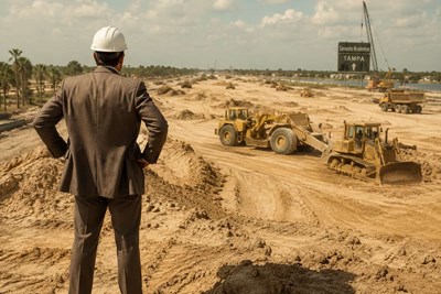 a man stands at a construction site in a suit overseeing things