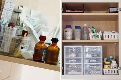 cluttered medicine cabinet