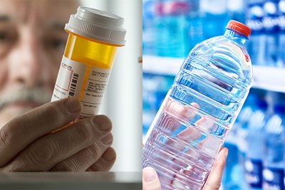 man holding pill bottle and bottle of water