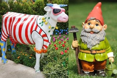 Cow statue and garden gnome