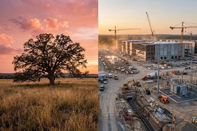 a split image of an AI data center being built and pristine texas landscape