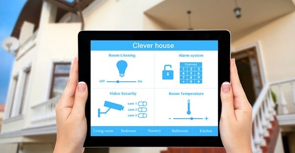 a home security system interface is shown on a tablet