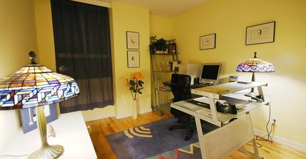 A home office placed in a family room