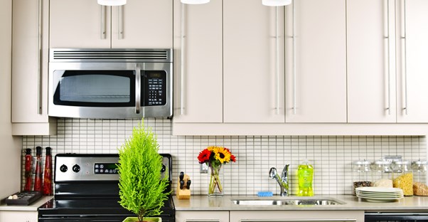 Affordable light fixtures in a kitchen.