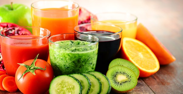 Glasses of fruit and vegetable juices common in vegan diet plans