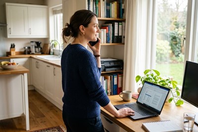 a woman on the phone in her kitchen with her car insurance company