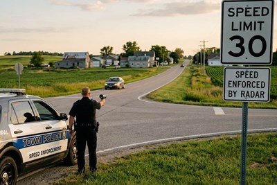 a police officer taking speeding radar of a car