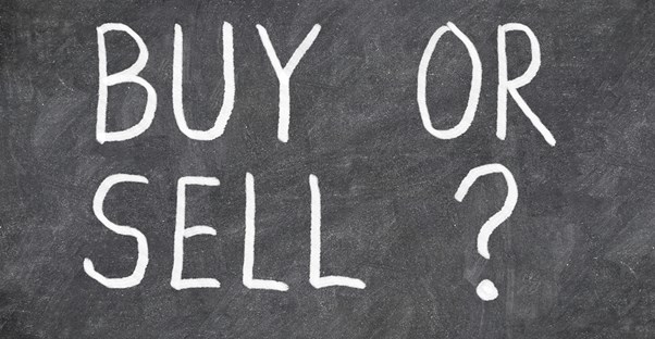 A chalkboard reading Buy or sell? to refer to the process of buying and selling mutual funds.