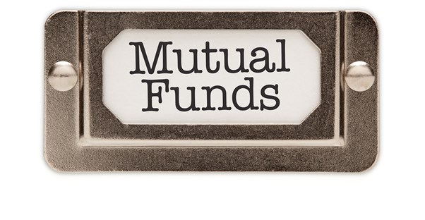A metal label reading Mutual Funds from a file about dollar cost averaging and mutual funds.