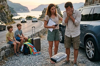 a stressed family who has been locked outside their car because of a lost key fob