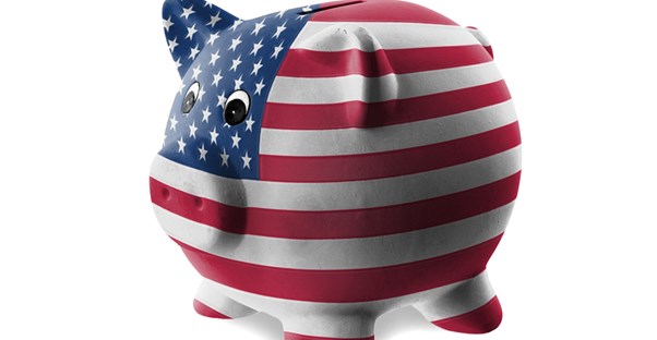 a piggy bank decorated with American flag designs