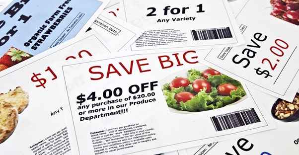 A pile of coupons gathered from all the various places that offer coupons.