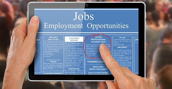 Jobs listings displayed on a computer tablet