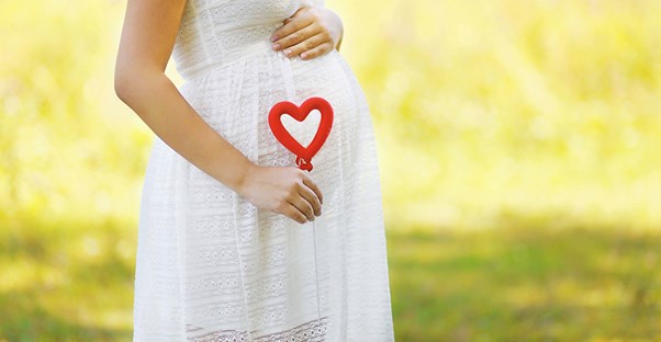 A pregnant woman stands in a scenic outdoor setting and holds a heart over her stomach.