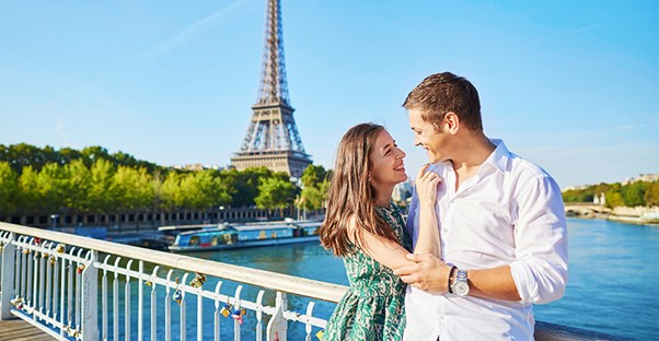 Couple standing in front of the Eiffel Tower