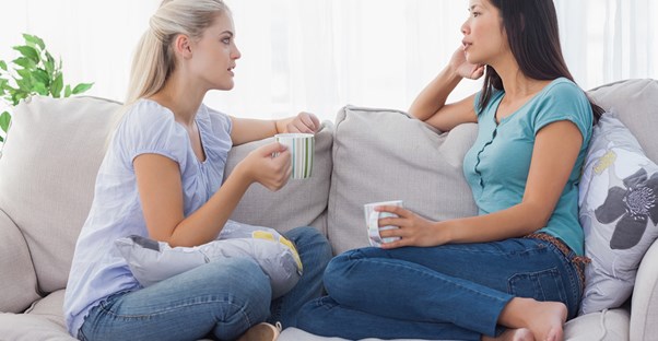 A woman discusses her couple's therapy session with a friend after her husband agreed she may talk to others about it.